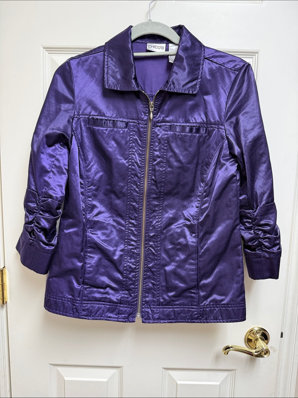 Chico's Chelsea Satin Full-Zip Jacket in Wild-Grape
